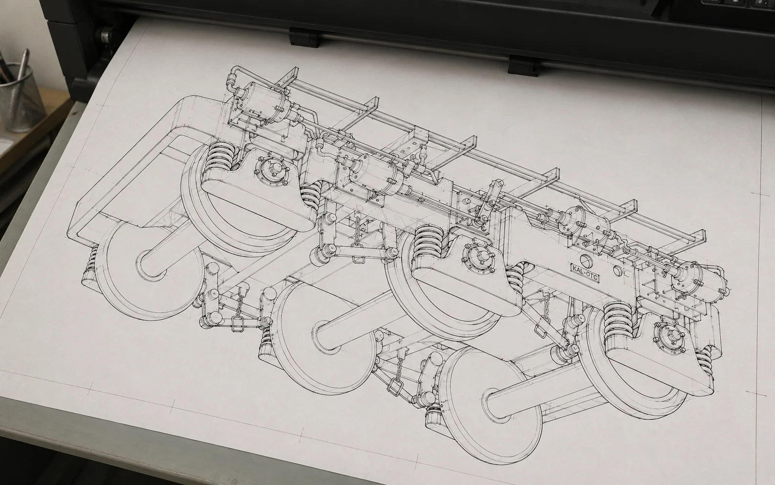 Technical drawing of a mechanical system powered by a custom geometry kernel