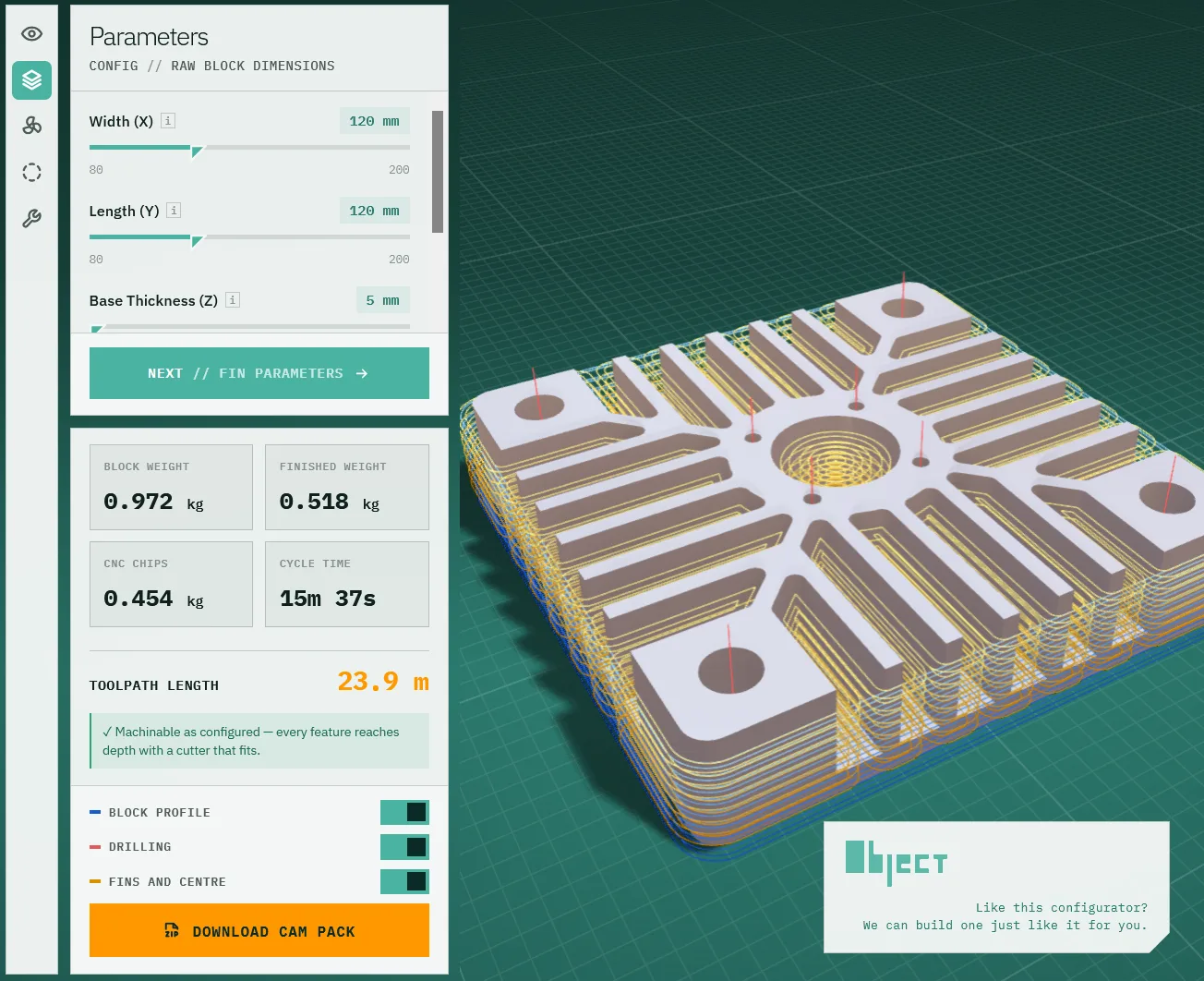 CNC part configurator running in the browser: a parameter panel showing block weight, cycle time and toolpath length beside a parametric heatsink with its generated milling paths