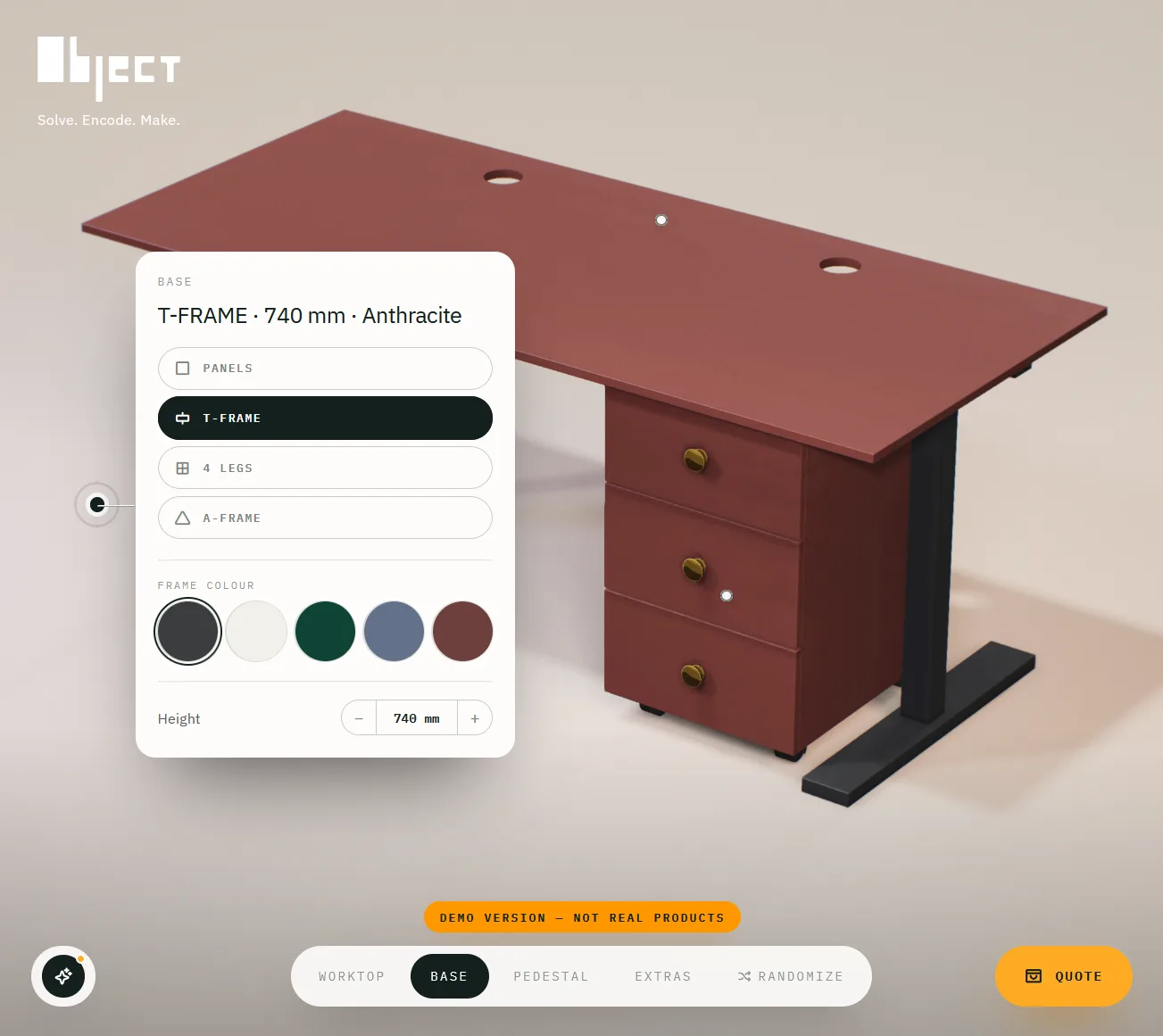 Desk configurator running in the browser: option panel on the left, live 3D model of the configured desk on the right